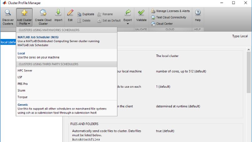 Screenshot of different parallel environments with cluster profiles. 