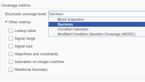 Screenshot of several structural and non-structural coverage metric choices.
