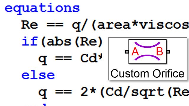 Model a custom hydraulic orifice. Simscape extensions to MATLAB are used to define implicit equations.